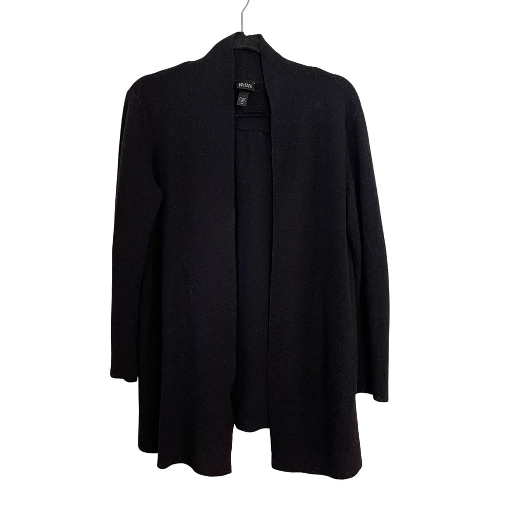 Eileen Fisher Black Italian Yarn Open Front Textured Cardigan Sweater Womens M